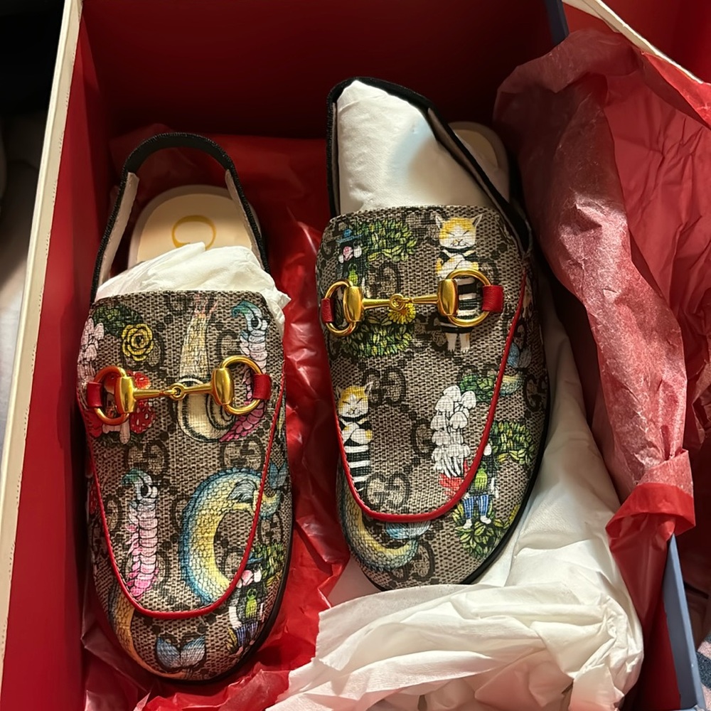 Authentic Girls Gucci GG horse bit sling back slip on shoe